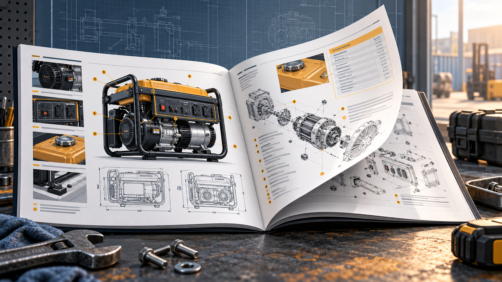 An open product manual on a workbench, showing a generator with numbered callouts, dimension drawings, and an exploded parts diagram